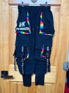 Black Cargo Joggers with Rainbow Trim